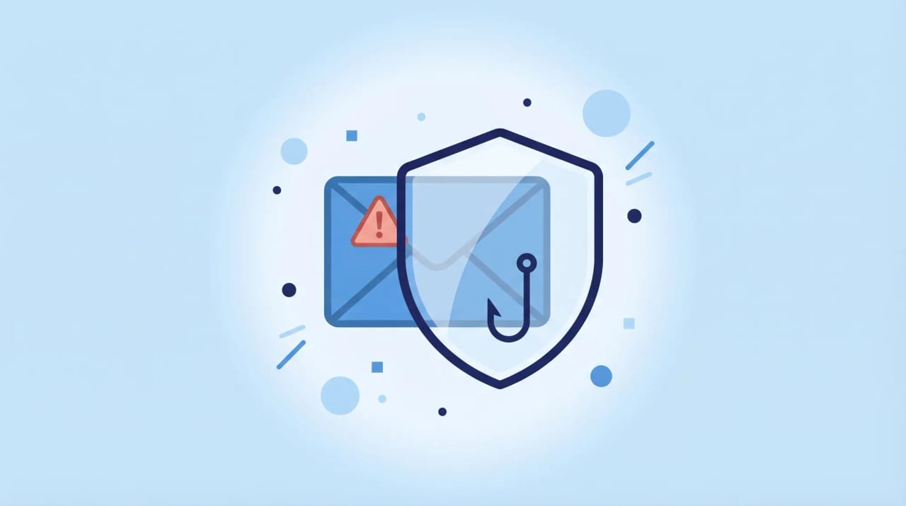 Illustration of an Outlook email with a fishing hook icon being flagged and reported via a shield and warning badge