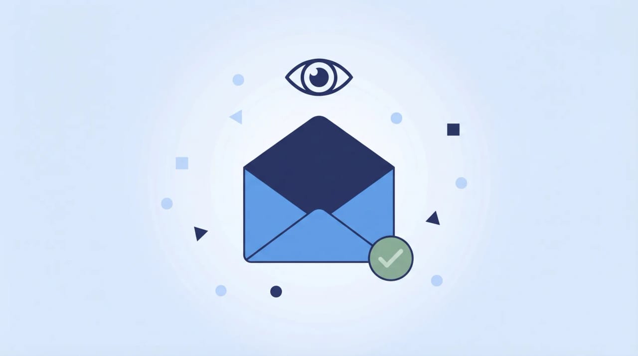 Illustration of an Outlook email envelope with an open-eye icon and checkmark confirming the recipient read the message