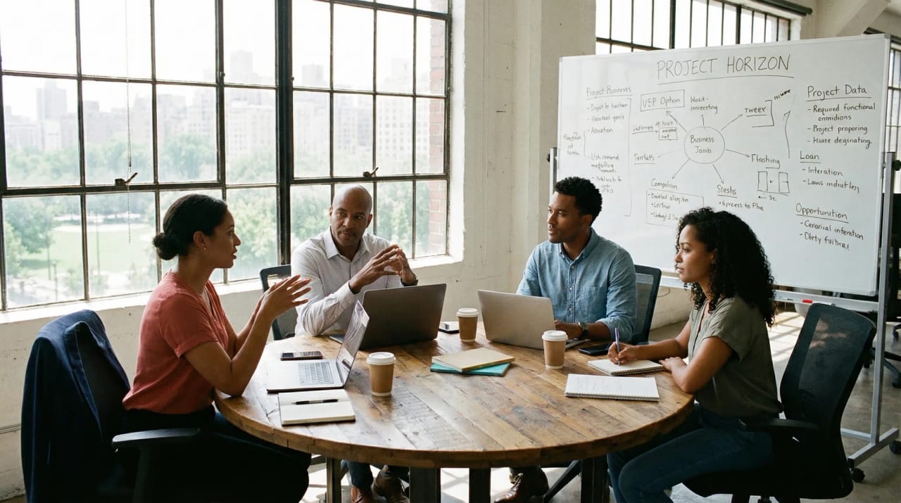 Illustration of a team around a table with an agenda checklist, timer, and shared calendar showing a focused meeting flow