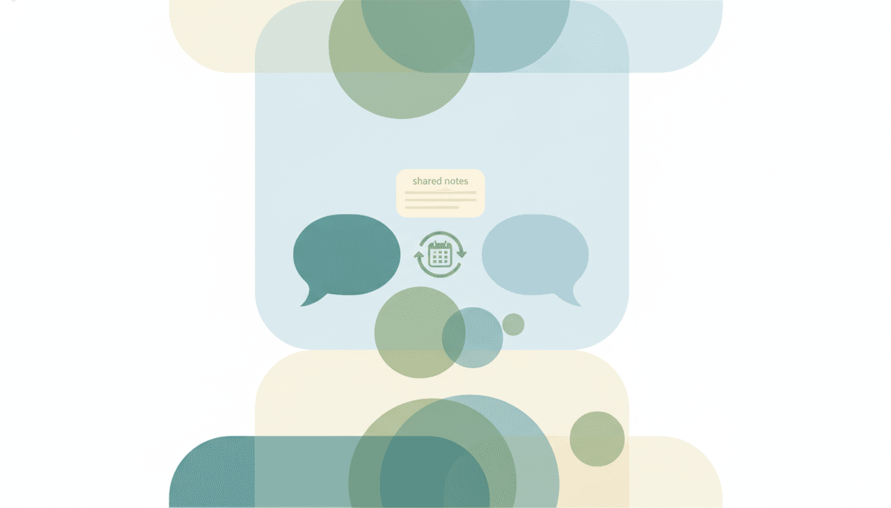 Two chat-bubble cards facing each other across a recurring-calendar loop with a shared notes card, illustrating a recurring one-on-one meeting