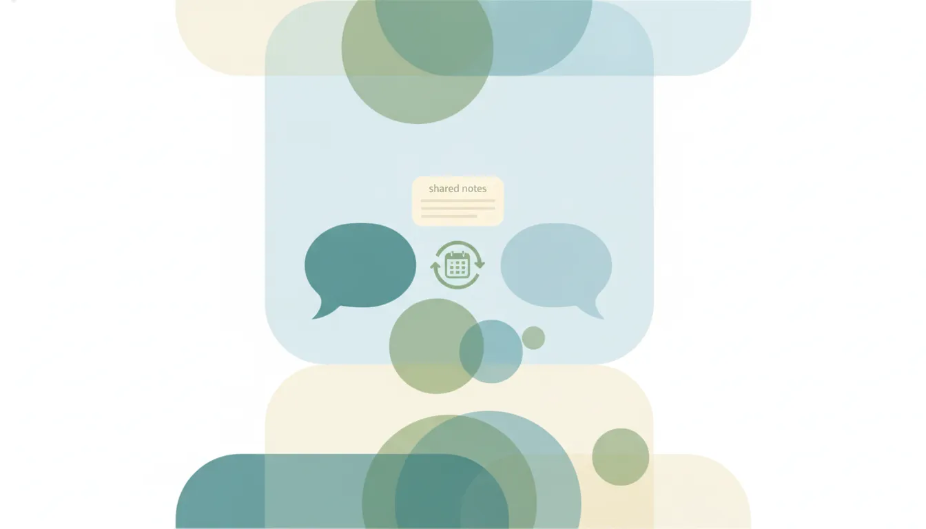 Two chat-bubble cards facing each other across a recurring-calendar loop with a shared notes card, illustrating a recurring one-on-one meeting