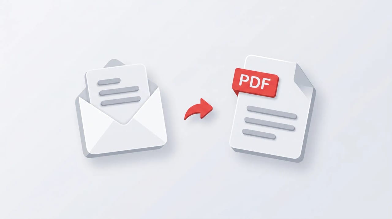 Illustration of a Gmail message being converted into a PDF document with a download arrow on desktop and mobile screens