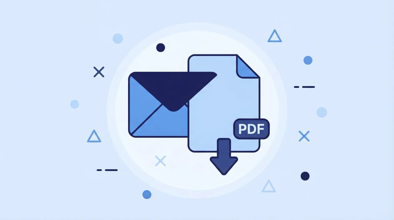 Illustration of an Outlook email message converting into a PDF document with a print-to-PDF icon and download arrow