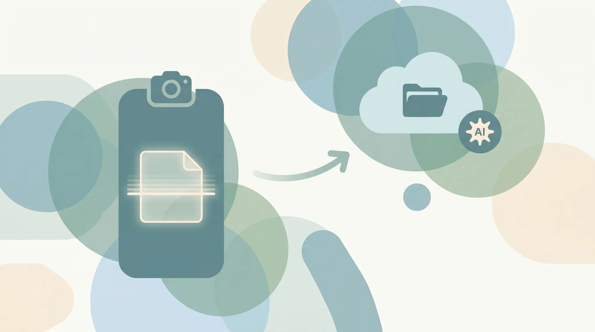 Illustration of a smartphone scanning a paper document into a Google Drive folder with a camera and PDF file icon