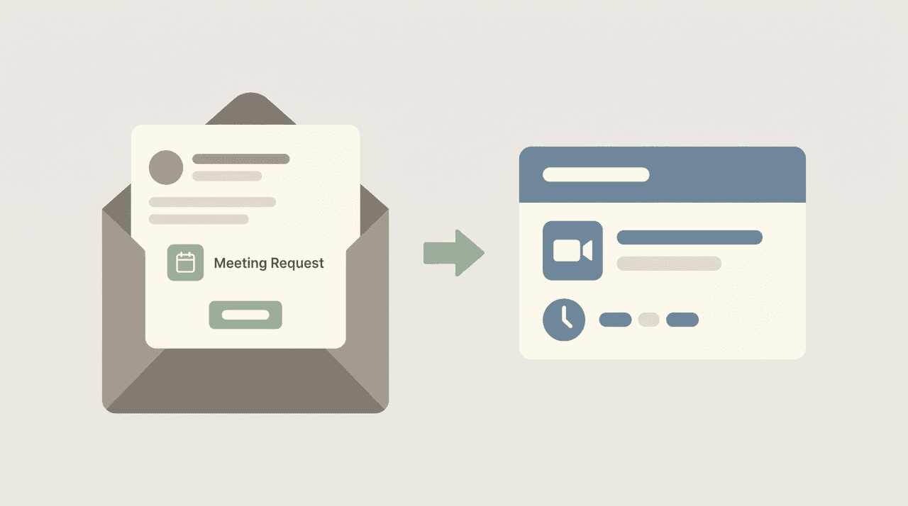 A Gmail message open beside a calendar card with a video tile, showing a meeting being created from an email
