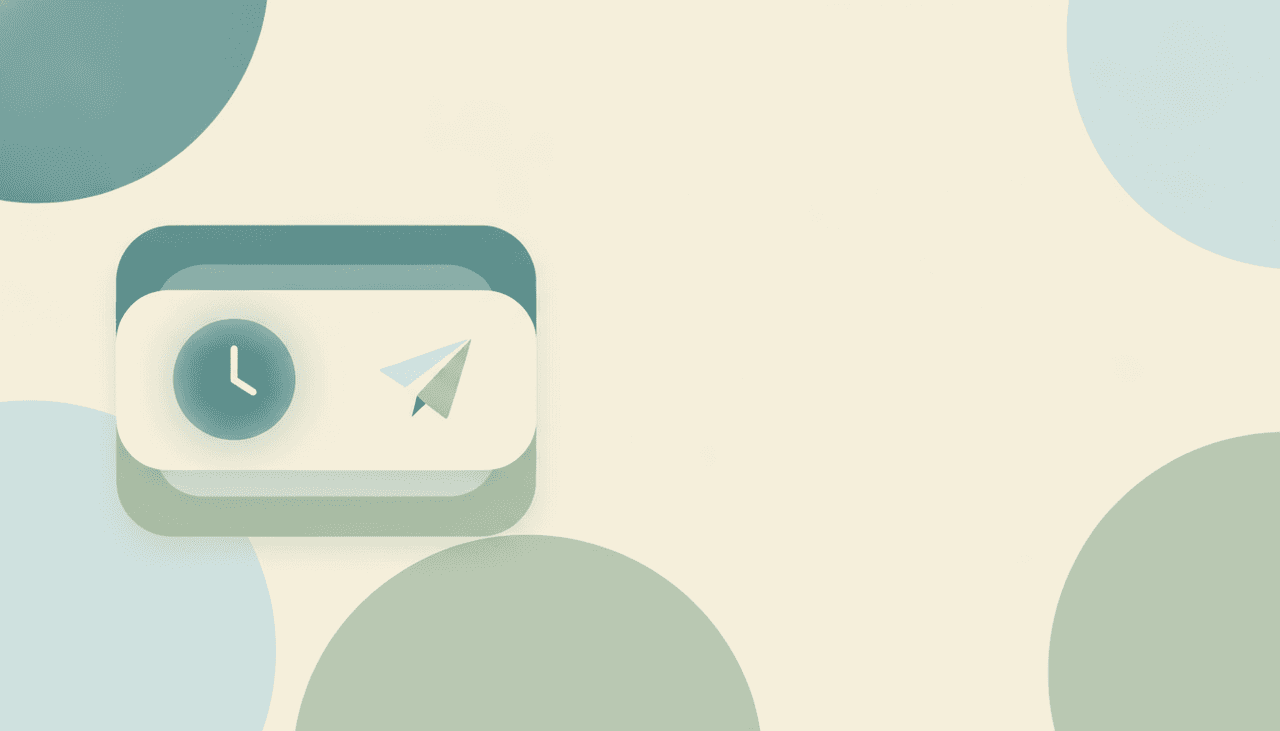A post composer card with a small clock icon glowing beside a send arrow