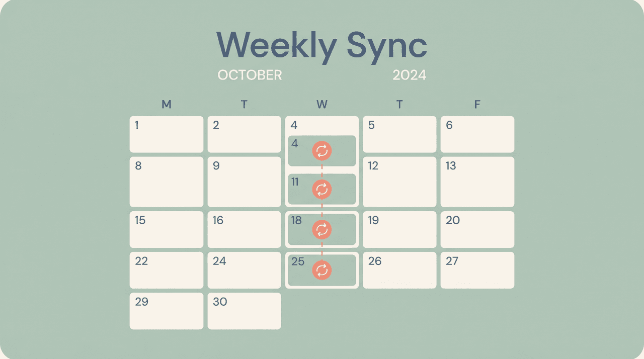 Illustration of an Outlook calendar with a repeating weekly meeting highlighted and a recurrence loop icon connecting several calendar tiles