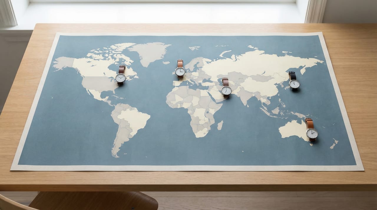 Illustration of a globe with multiple clocks showing different time zones meeting at a shared calendar event tile
