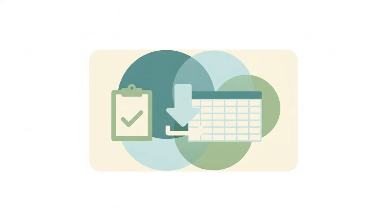 A clipboard checklist beside a downward download arrow and a spreadsheet grid, representing a Teams attendance report