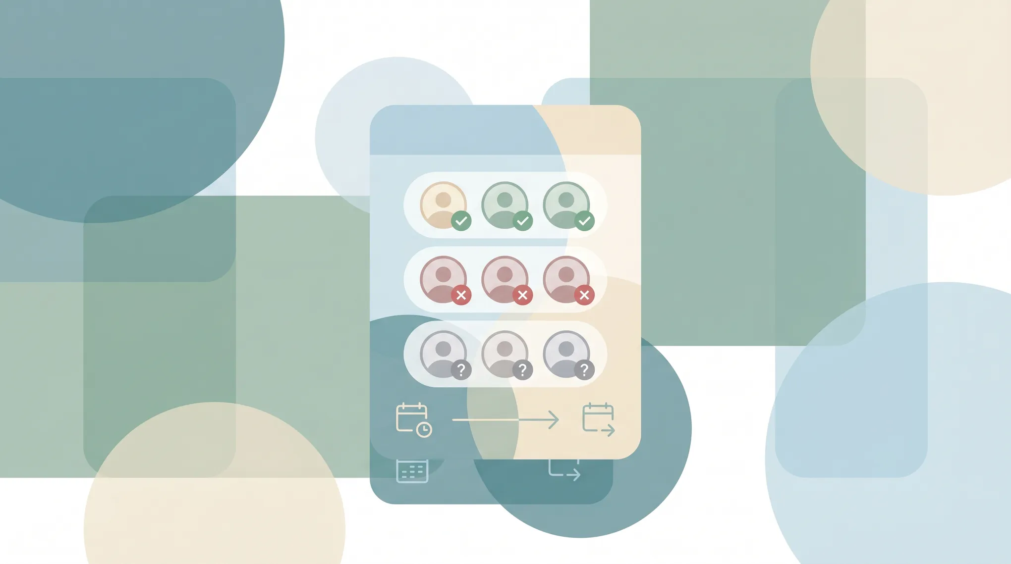 Illustration of a Google Calendar event tile with attendee avatars showing checkmarks, question marks, and decline icons