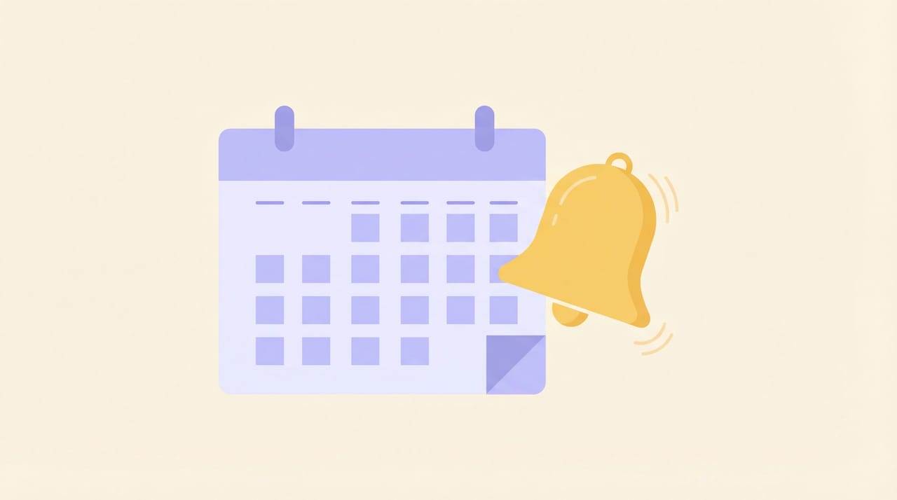 Illustration of a Google Calendar event tile with a bell icon and notification popup reminding the user before a meeting