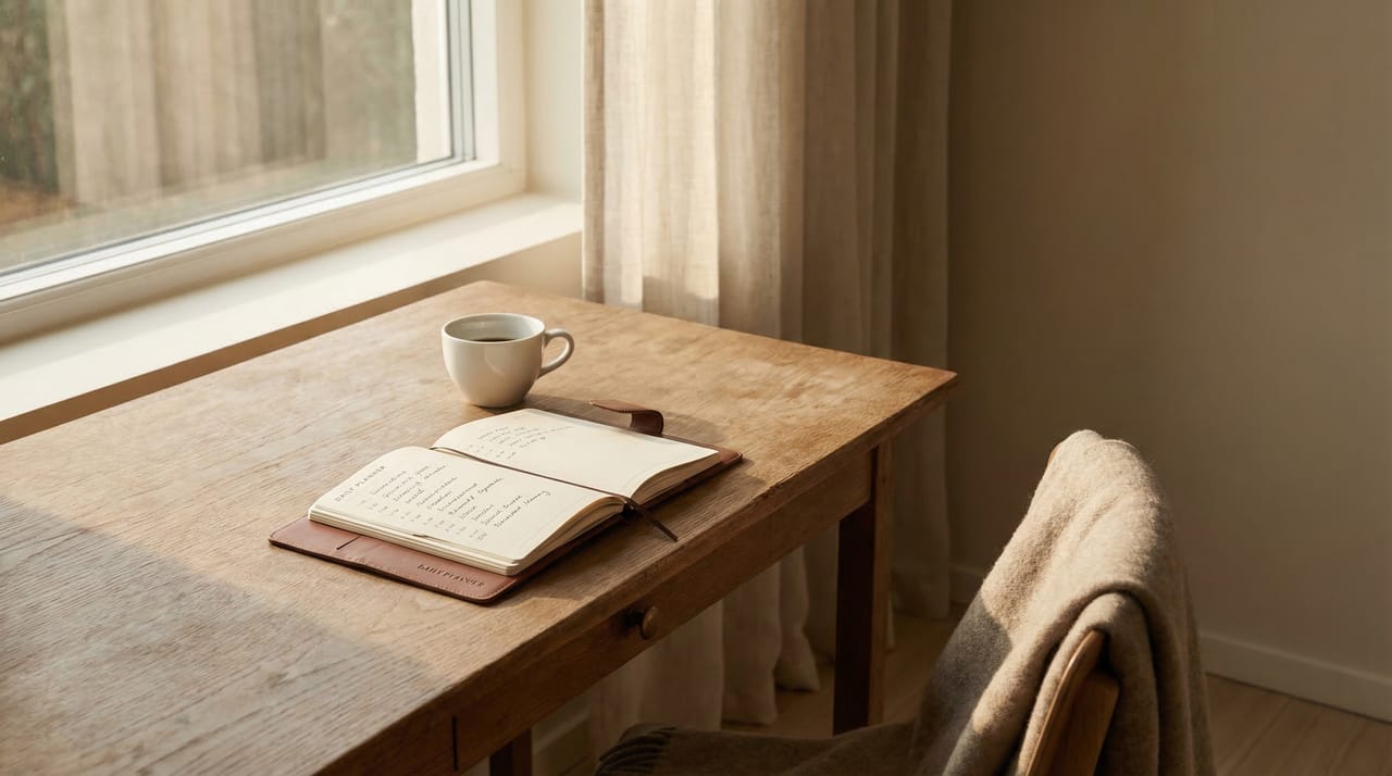 Illustration of a morning sun above a calendar with a friendly AI assistant reading a daily agenda summary to a user