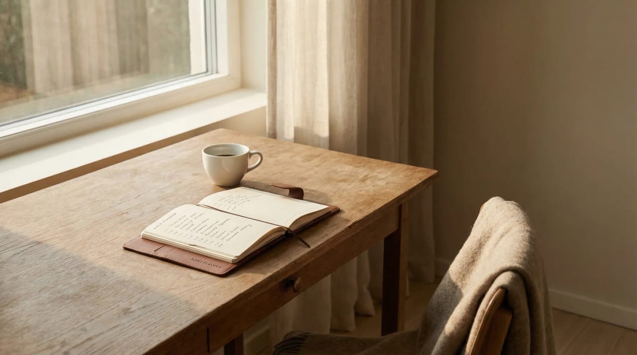 Illustration of a morning sun above a calendar with a friendly AI assistant reading a daily agenda summary to a user