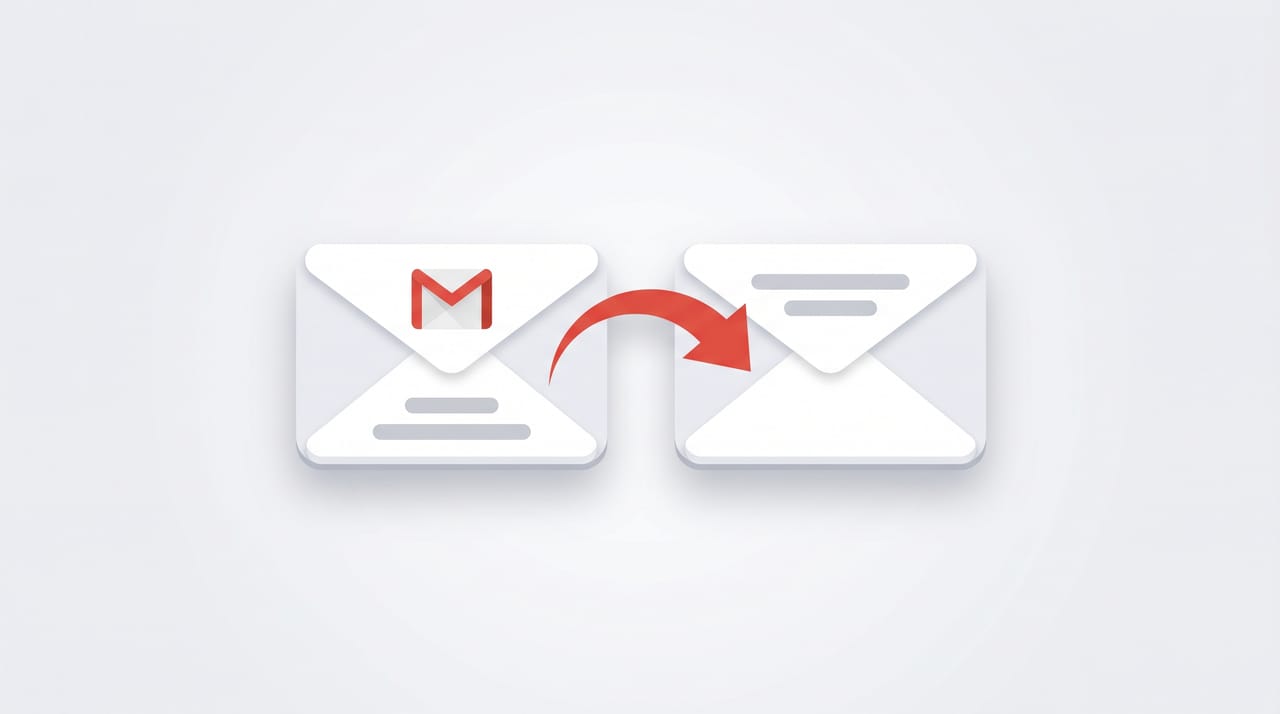 Illustration of a Gmail inbox with an arrow routing incoming messages to another mailbox using a filter and forward rule