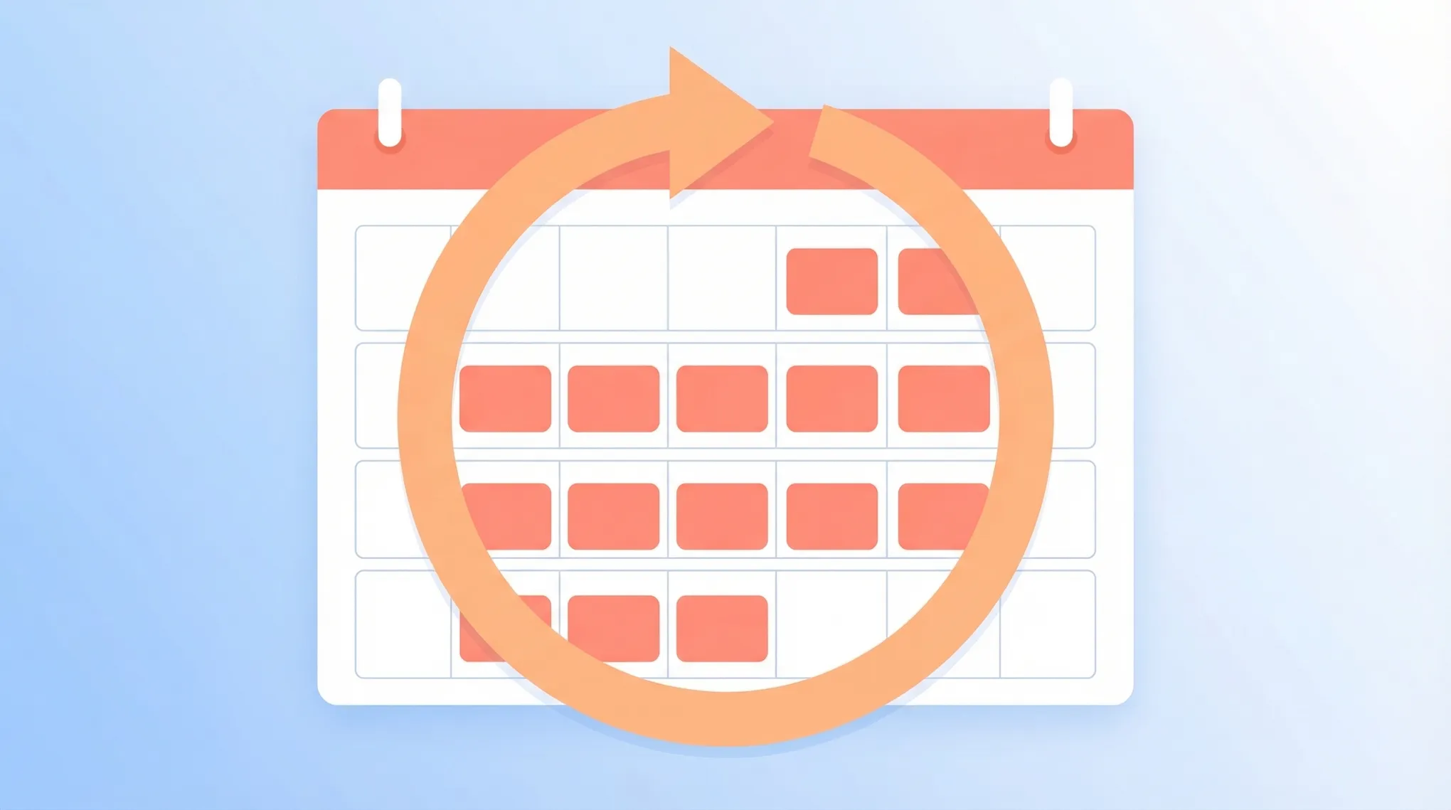 Illustration of a Google Calendar with a repeating event tile and circular arrow icons spanning multiple weeks on the grid