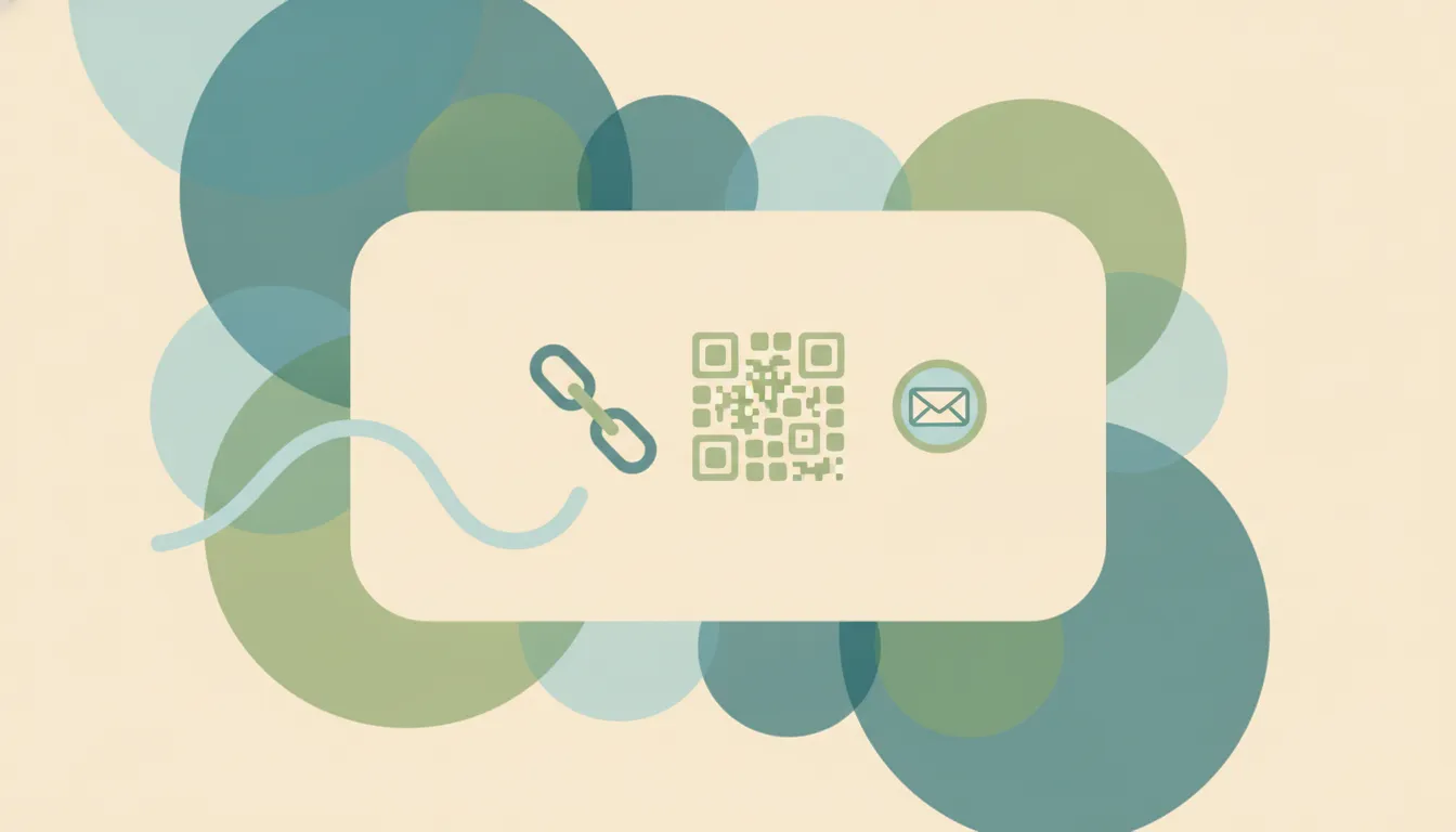 A rounded form card with a share node branching into a link, QR code and mail icon over layered circles