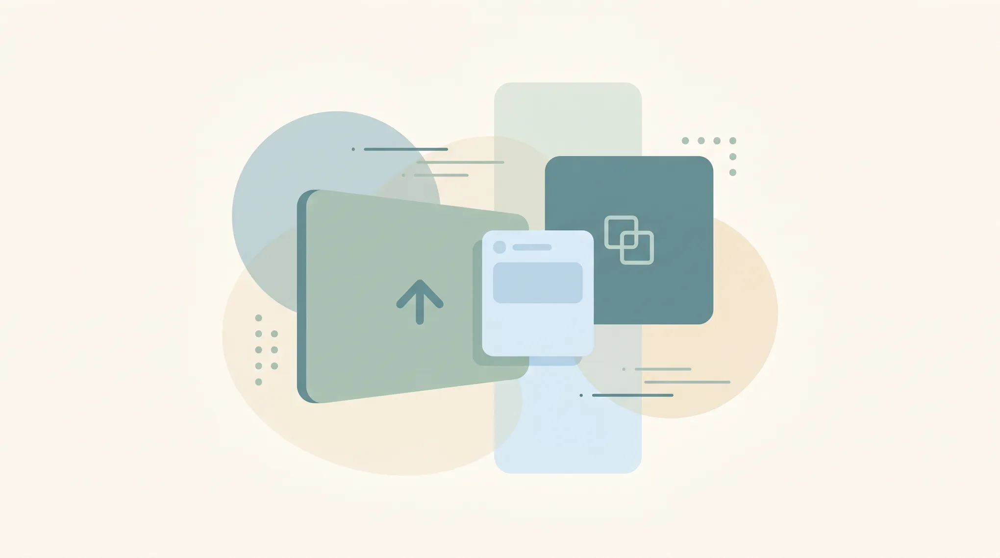 A screen panel with an upward share arrow projecting content into a meeting tile, representing screen sharing in Google Meet