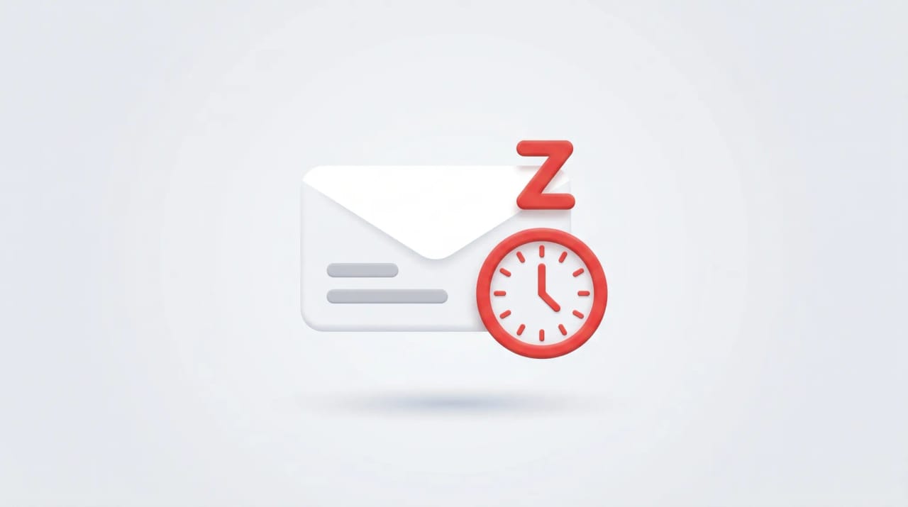 Gmail inbox illustration with a clock icon hovering over an email and a calendar showing when the snoozed message returns