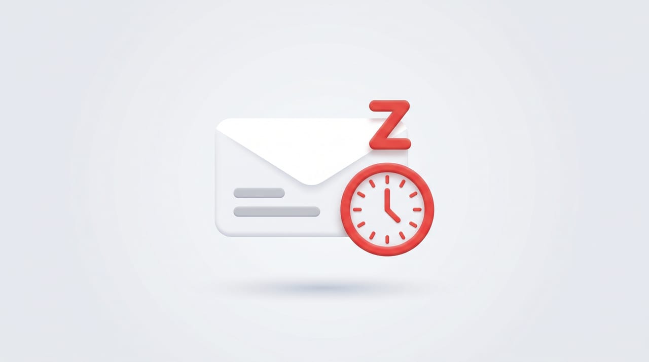 Gmail inbox illustration with a clock icon hovering over an email and a calendar showing when the snoozed message returns