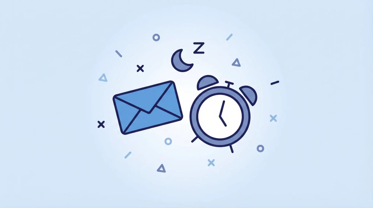 Outlook inbox illustration with an email card sliding into a snooze folder beside a clock and calendar reminder