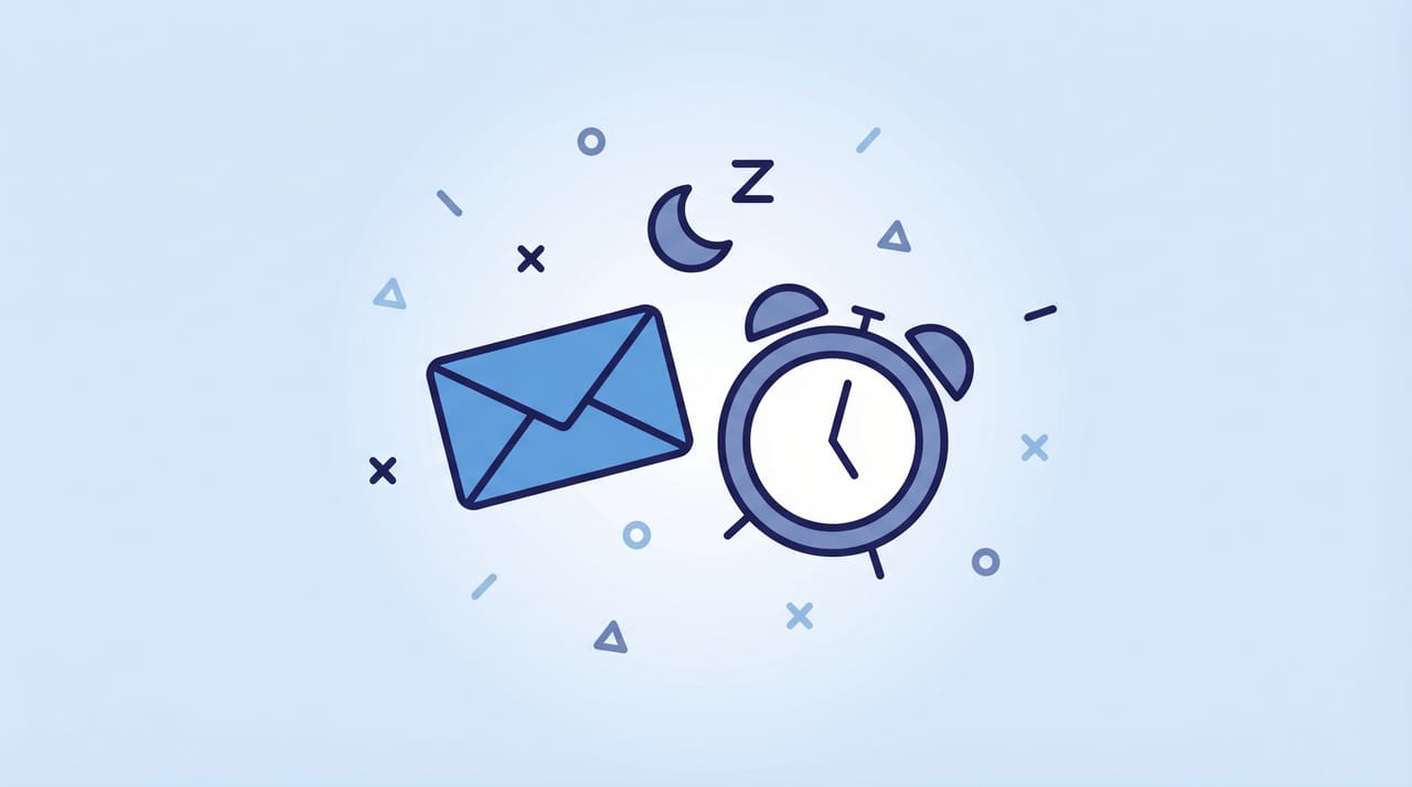 Outlook inbox illustration with an email card sliding into a snooze folder beside a clock and calendar reminder