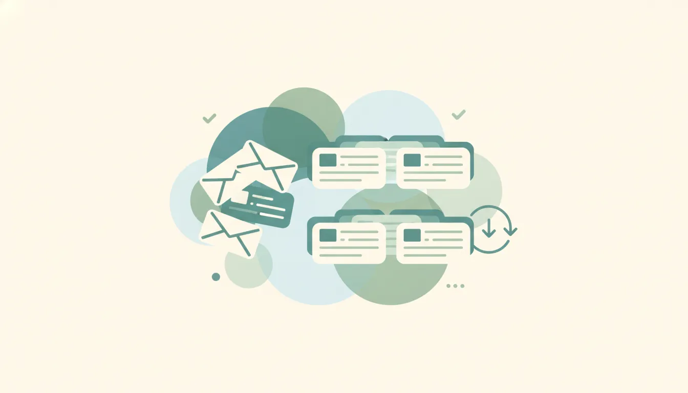 Illustration of an Outlook inbox with messages being reordered by date, sender, and size columns