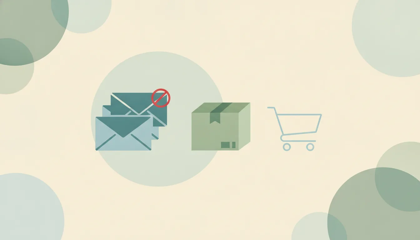 Abstract flat illustration of cardboard parcels beside an inbox tray, with glossy promo envelopes tipping into a bin and plain delivery envelopes stacked neatly in a folder