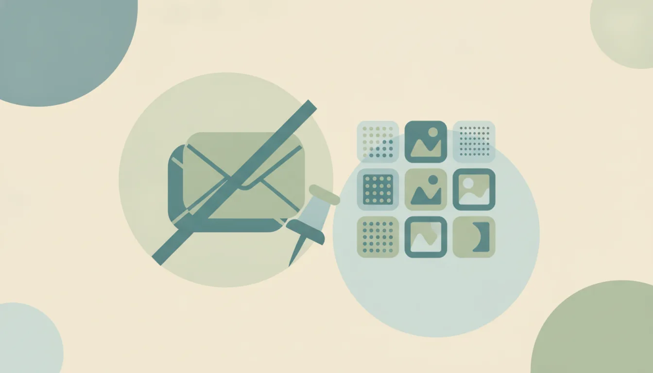 Abstract flat illustration of a corkboard covered in pinned image cards beside an inbox tray, with one large switch cutting off a stream of envelopes