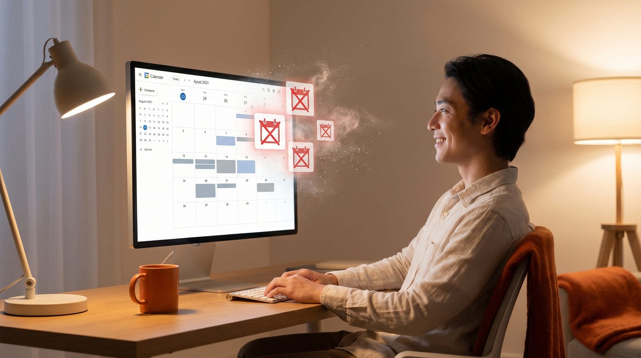 Google Calendar illustration with a shield blocking suspicious meeting invites and a trash icon clearing spam events