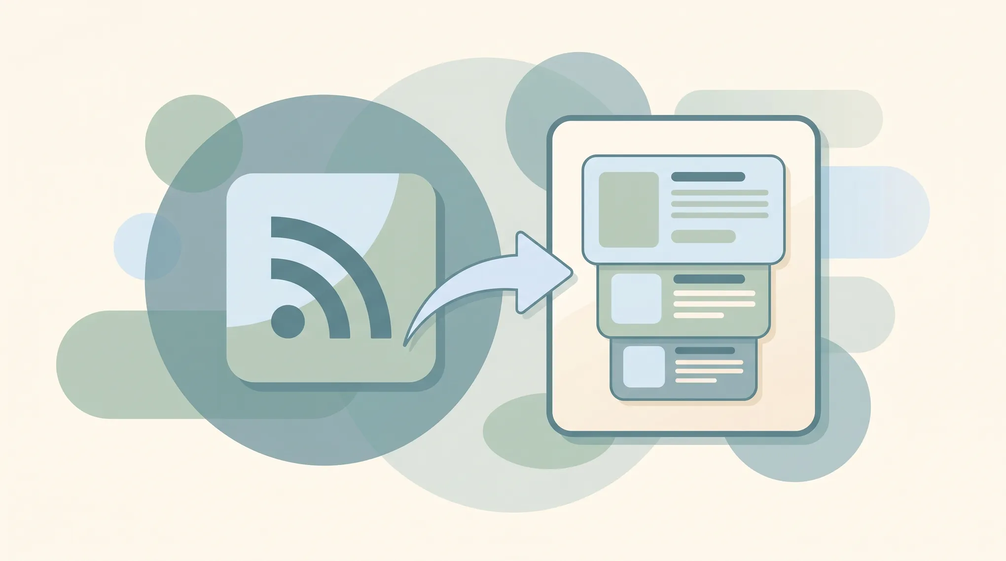 An RSS feed icon connected to a clean reader app showing a stack of incoming article cards