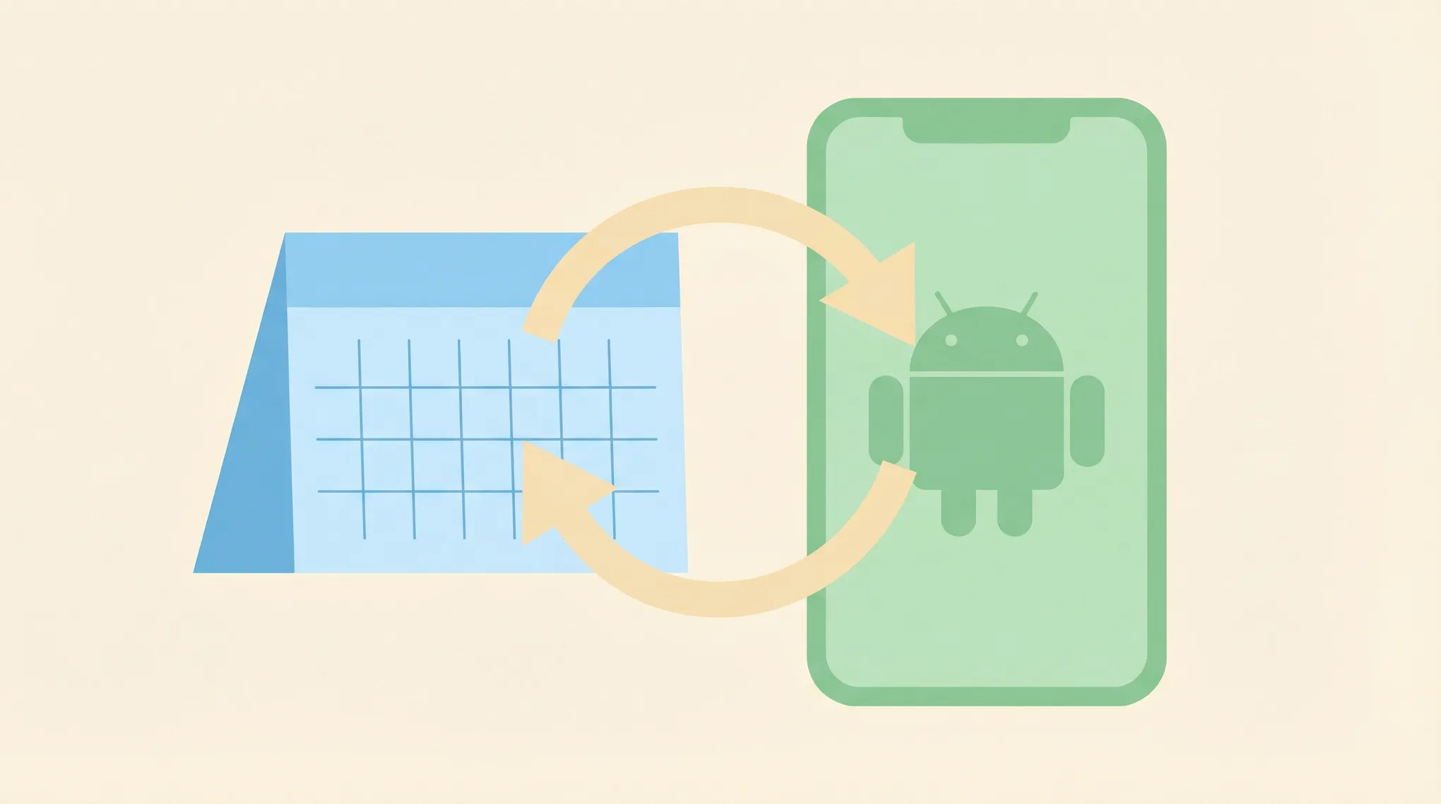 Android phone illustration showing Google Calendar events syncing alongside a desktop calendar through a cloud icon