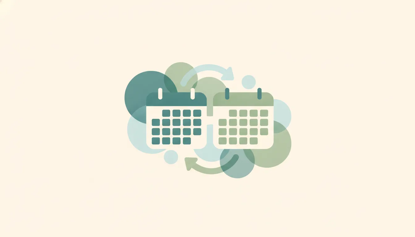 Illustration of a Google calendar and an Apple Calendar app exchanging event tiles across an iPhone, iPad, and Mac