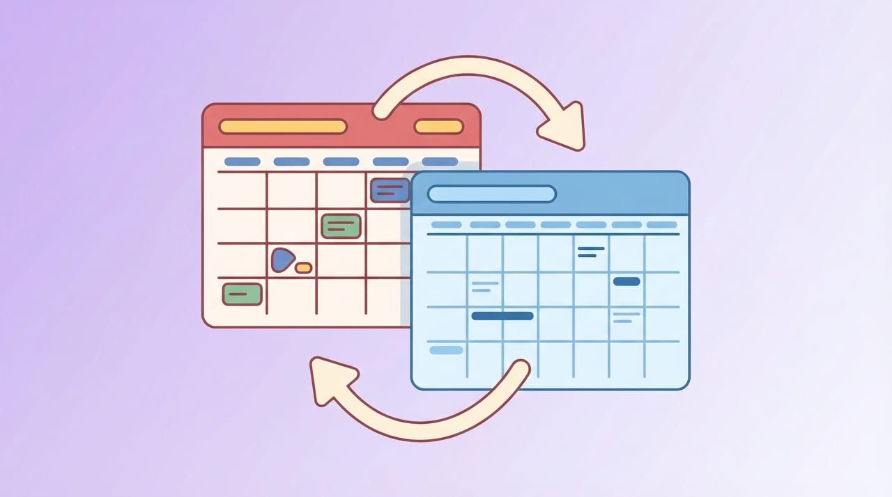 Google Calendar and Outlook calendar side by side connected by sync arrows showing two-way calendar synchronization