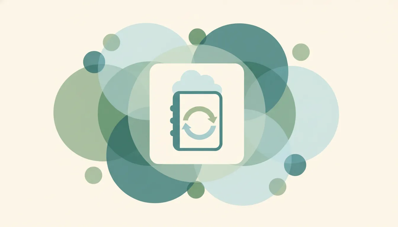 A notebook with two soft circular sync arrows and a small cloud icon
