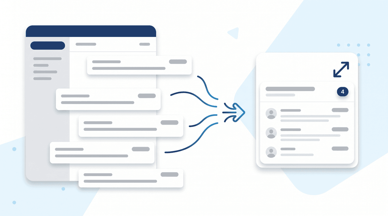 Outlook inbox illustration showing multiple email messages grouped into a single conversation thread with stacked cards