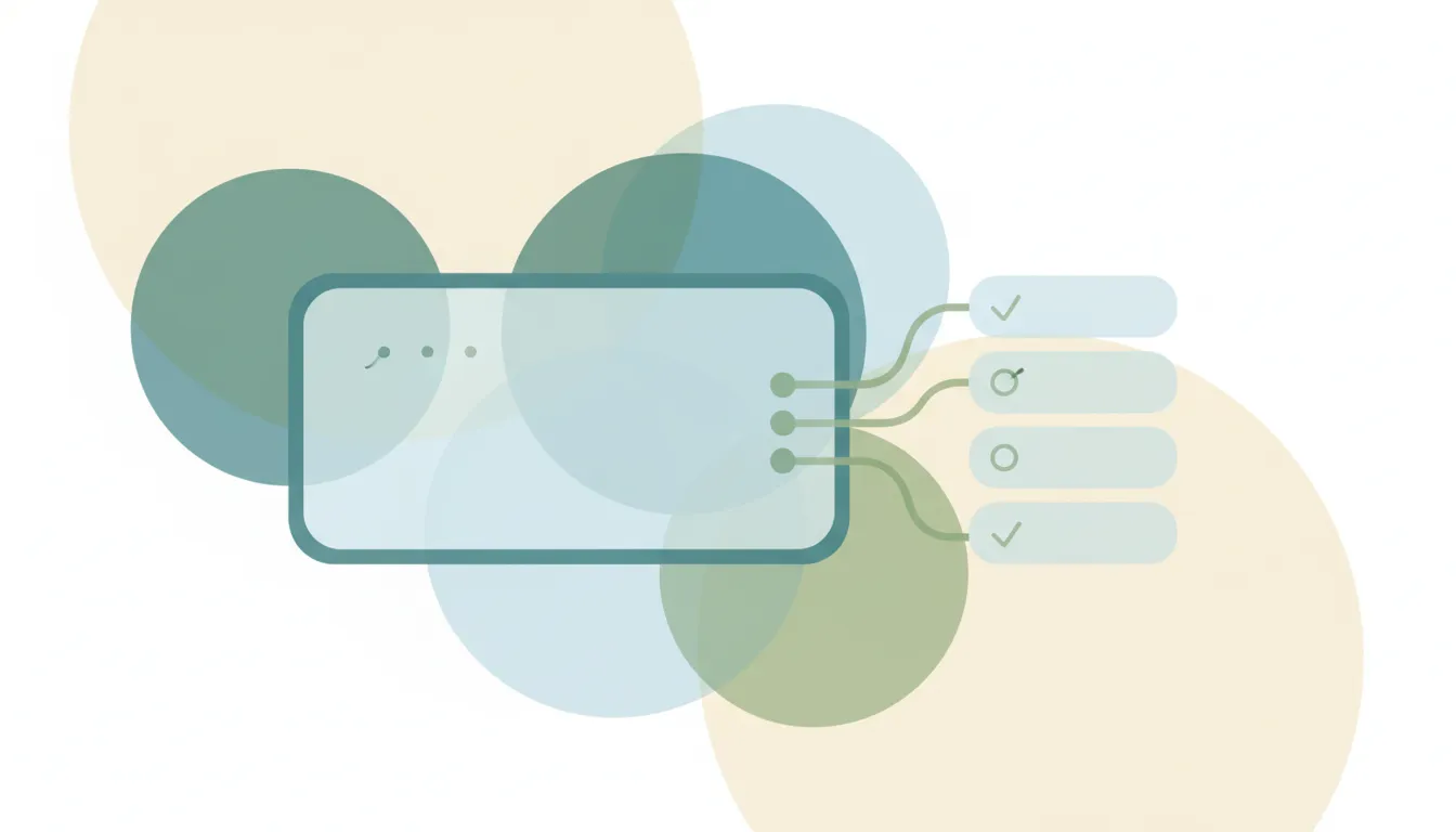 A rounded task card branching into a soft stack of smaller checklist tiles, over layered circles