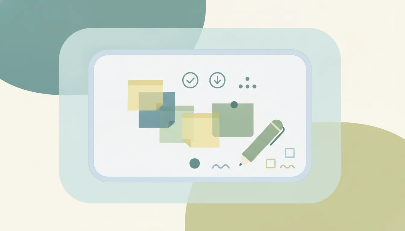 A Microsoft Teams meeting screen showing a shared whiteboard with sticky notes, shapes, and handwritten ideas