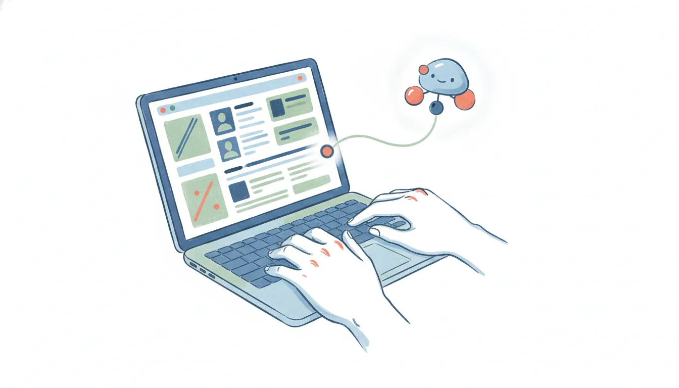 A laptop showing CRM contact and deal cards, linked by a connector to a friendly AI assistant