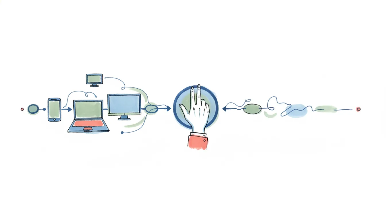 A workflow line running left to right, paused at a gate where a human hand holds it before it continues