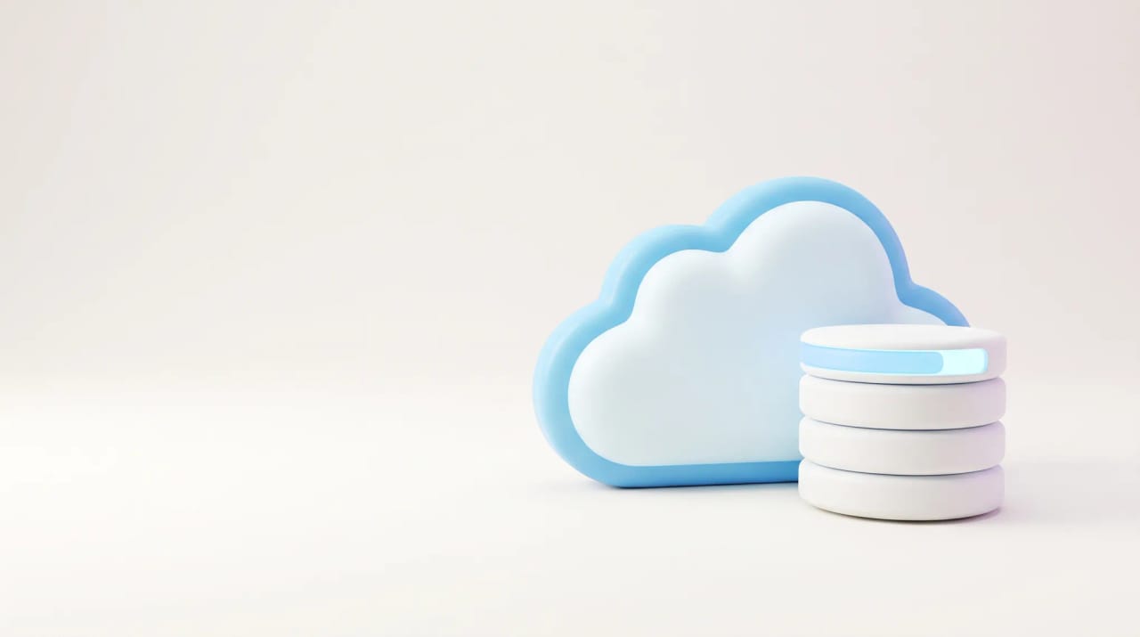 A cloud beside a nearly full stacked-disk storage gauge, representing iCloud storage limits