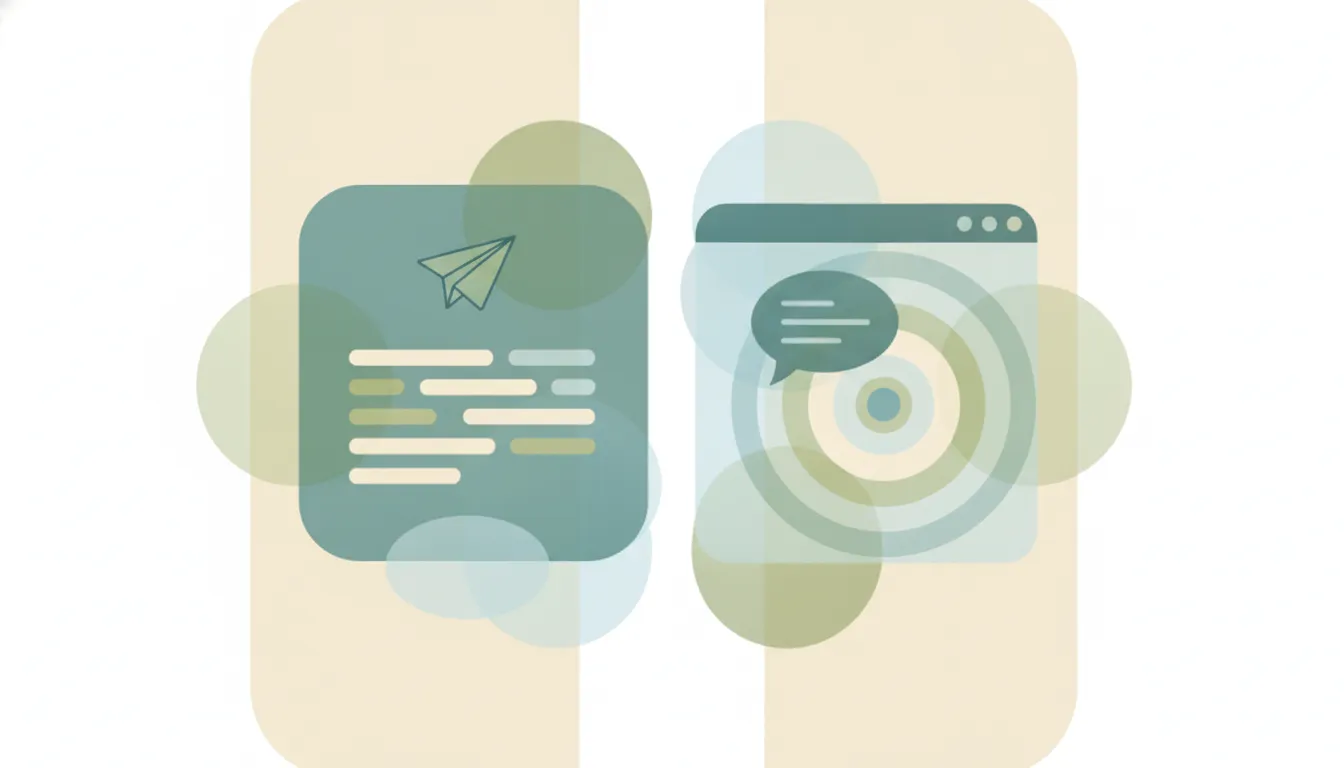 Two soft rounded panels facing each other — one an inbox with a paper-plane, one a chat window — divided by a gentle seam, representing in-inbox versus out-of-inbox AI