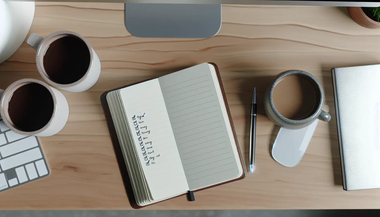 Checklist illustration with completed tasks ticked off beside a calendar and AI assistant managing the to-do list