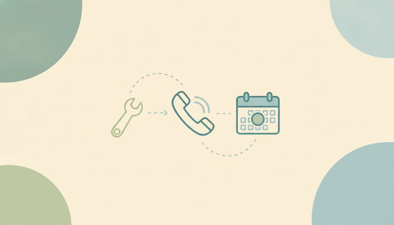 A ringing phone handset linked by dotted lines to a wrench and a calendar grid over soft layered circles