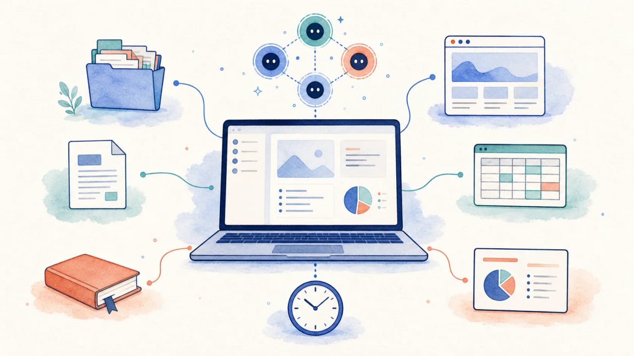 Laptop coordinating local files, browser research, spreadsheets, reports, scheduled tasks, and a group of AI agents