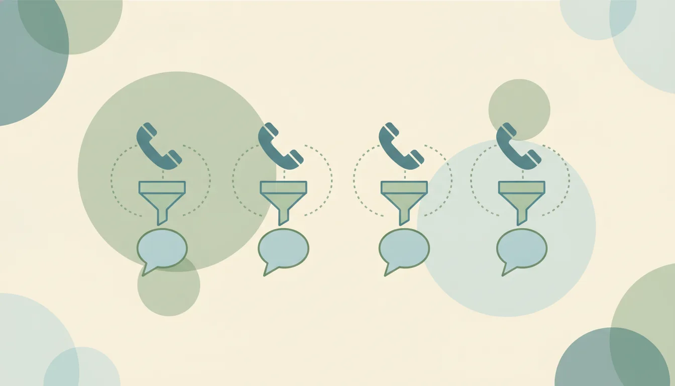 Four phone handsets in a row, each above a small funnel and a chat bubble, over soft layered circles