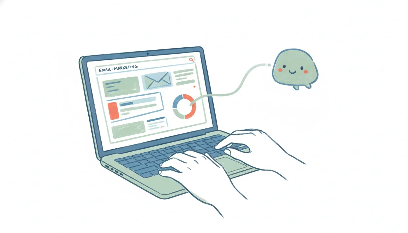 A laptop showing Klaviyo email campaign and profile cards, linked by a connector to a friendly AI assistant