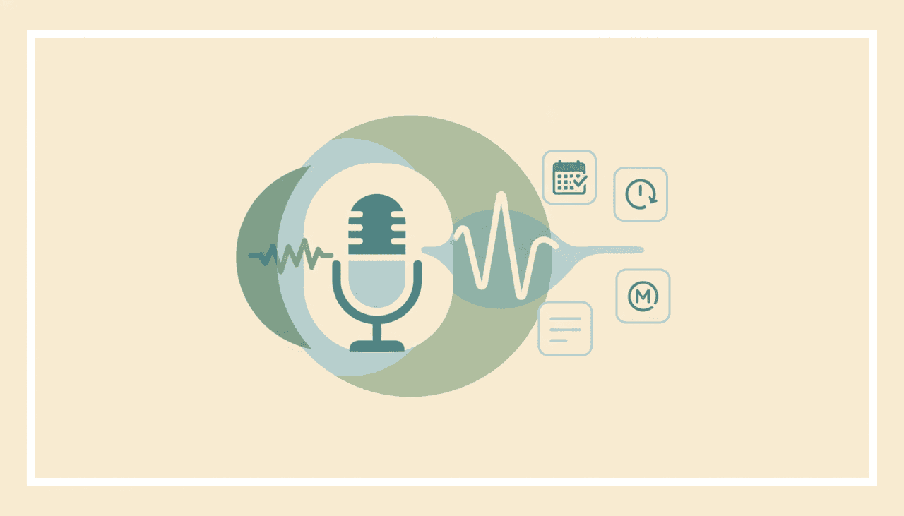 Illustration of a microphone shedding noise squiggles into a clean waveform beside meeting note cards, with alternative app icons alongside