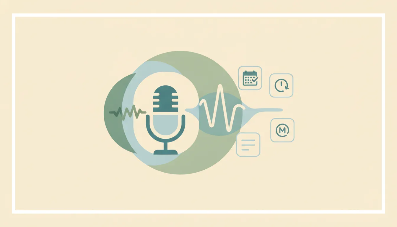 Illustration of a microphone shedding noise squiggles into a clean waveform beside meeting note cards, with alternative app icons alongside