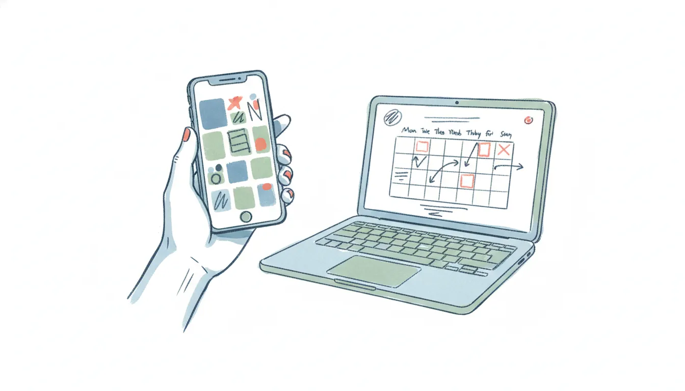Illustration of a social media content calendar with alternative scheduling app icons arranged alongside it