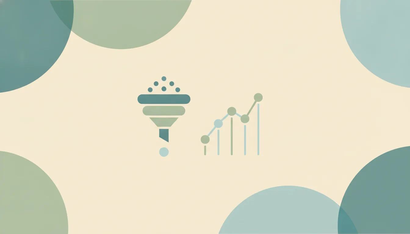Abstract funnel with dots entering the top beside a rising line chart, representing lead generation volume, cost, and conversion statistics